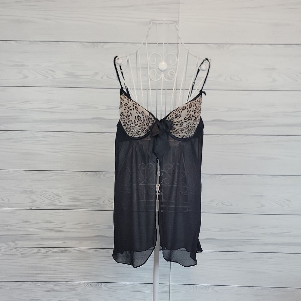 Cabernet Babydoll Lingerie Nightgown Leopard Print Black and Tan Womens Size XL